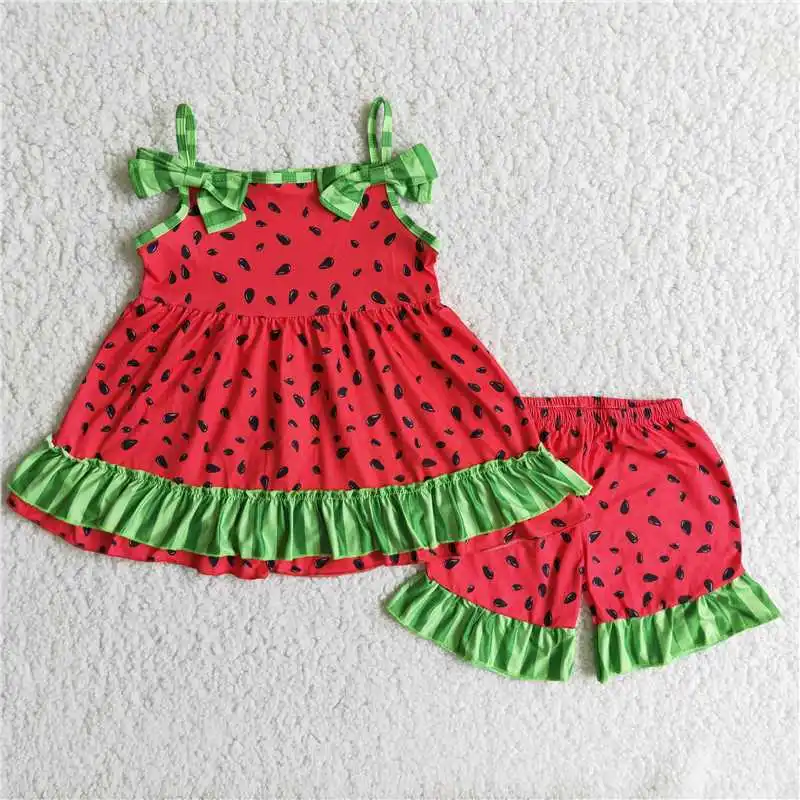 

Wholesale Girls Summer Suspender Shorts Suit Multi-Element Watermelon Series With Buttons And Bright Colors Ruffle