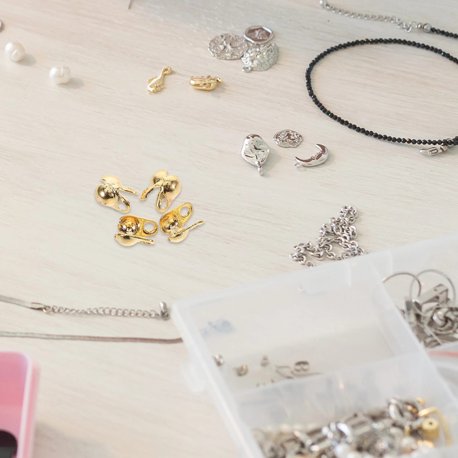 

150pcs Jewelry End Buckle Kit Crimp Beads Knot Covers Clamshell Endcaps For Diy Necklace Bracelet Making Sturdy Metal End Cap