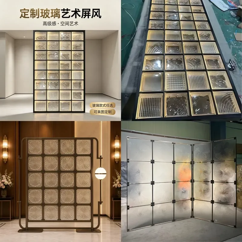 Modern Light Luxury Glass Partition with Stainless Steel Frame Art Screen Divider for Living Room Hotel Home Decor