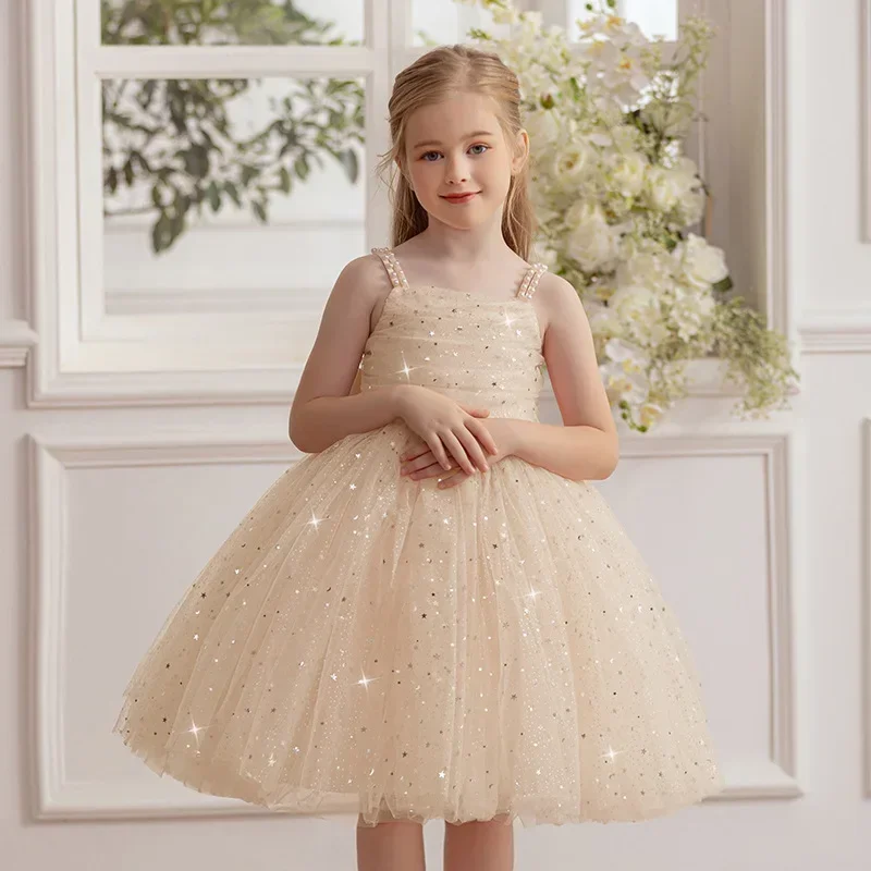 

Elegant Girl Party Formal Dresses Beading Sleeveless Sequins Fluffy Pageant Dresses for Kids Wedding Birthday Holiday Prom Gown