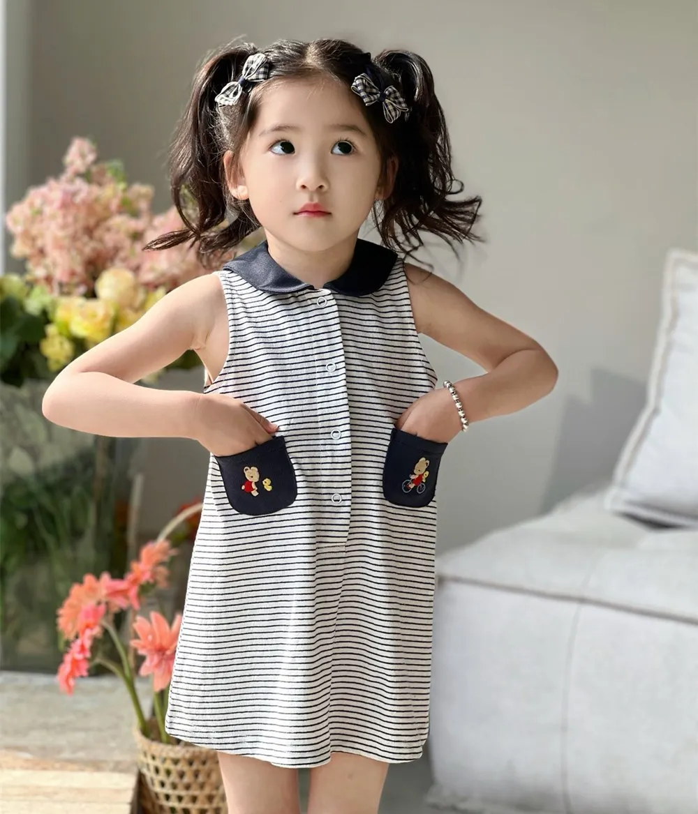 

baby girl clothes kids tops baby cotton t-shirts Navy style striped sleeveless long T-shirt cute girl tank top