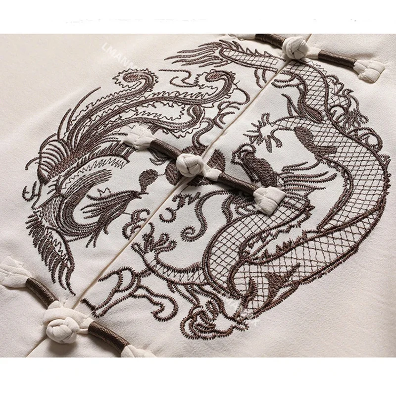 التقليدية الصينية الرجعية تانغ دعوى هانفو التنين التطريز الكونغ فو تاي تشي موحدة المتضخم الصيف قصيرة الأكمام الكتان الملابس