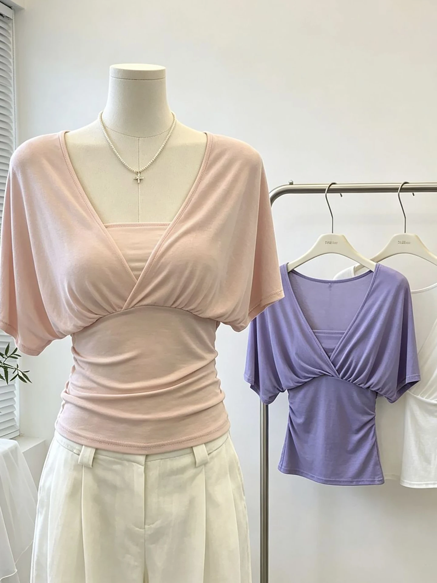 Summer Thin Pure Color Slim Fit Short Sleeve T-Shirt Women's Design Sense Fake Two-Piece Patchwork Hot Girl Style Bustier Top