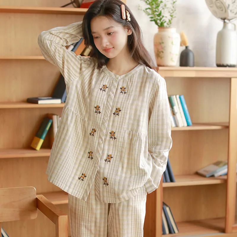 

Sweet Preppy Plaid Pajamas for Women Embroidered Floral Sweet Student Loungewear 100% Cotton Gauze Long Sleeve Babydoll Pajama