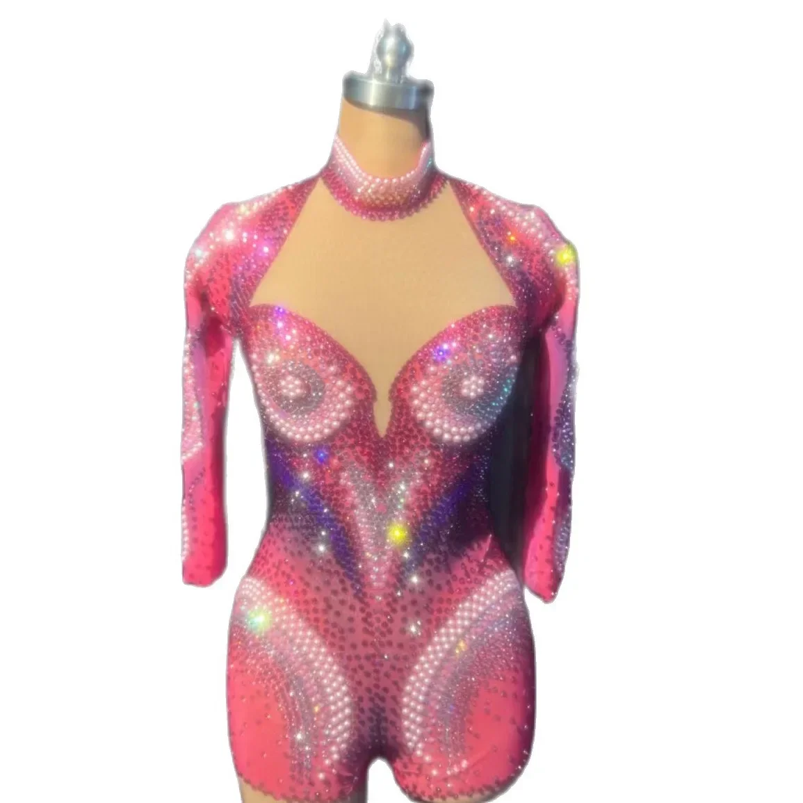 

Pink Shining Rhinestones Sexy Romper For Women Nightclub Prom Pole Dance Wears Singer Stage Costume Party Showgirl Queen Outfits