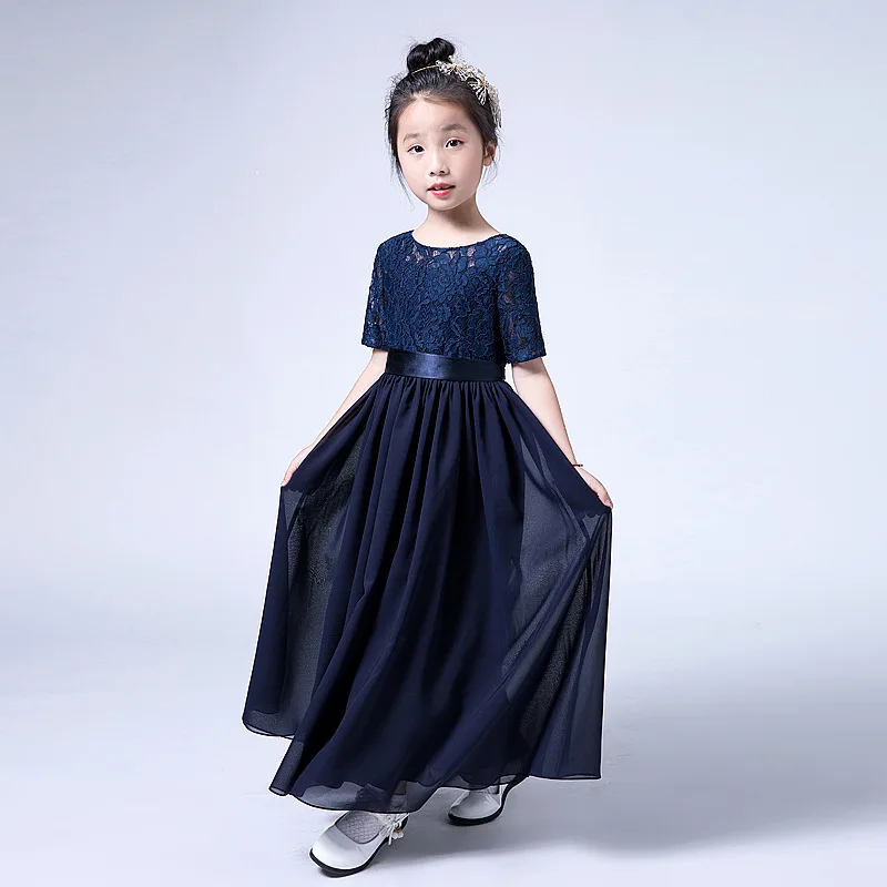 Summer Flower Girl Dresses Navy Blue Soft Chiffon Little Girl Communion Gown For Party