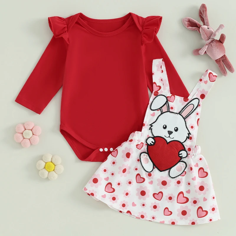 0-18M Girl'S Valentine'S Day Two-Piece Long Sleeved Jumpsuit Paired With Rabbit Embroidered Suspender Dress Red Strap Dress Set