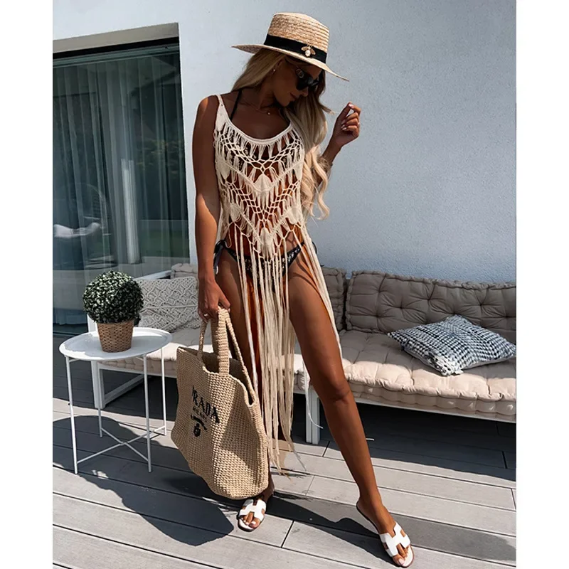 

2024 Crochet Tunic Bikini Cover-ups Sexy Hollow Out Dress Women Summer Clothes Beach Wear Swim Suit See Through Tassel Cover Up