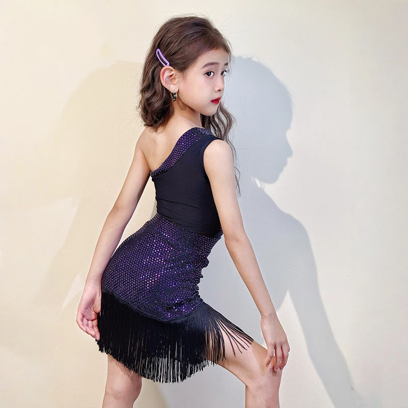 Shiny Purple One Shoulder Backless Bodysuit and Tassels Skirt Children Latin Dancewear Kids Girls Training Competition Costume