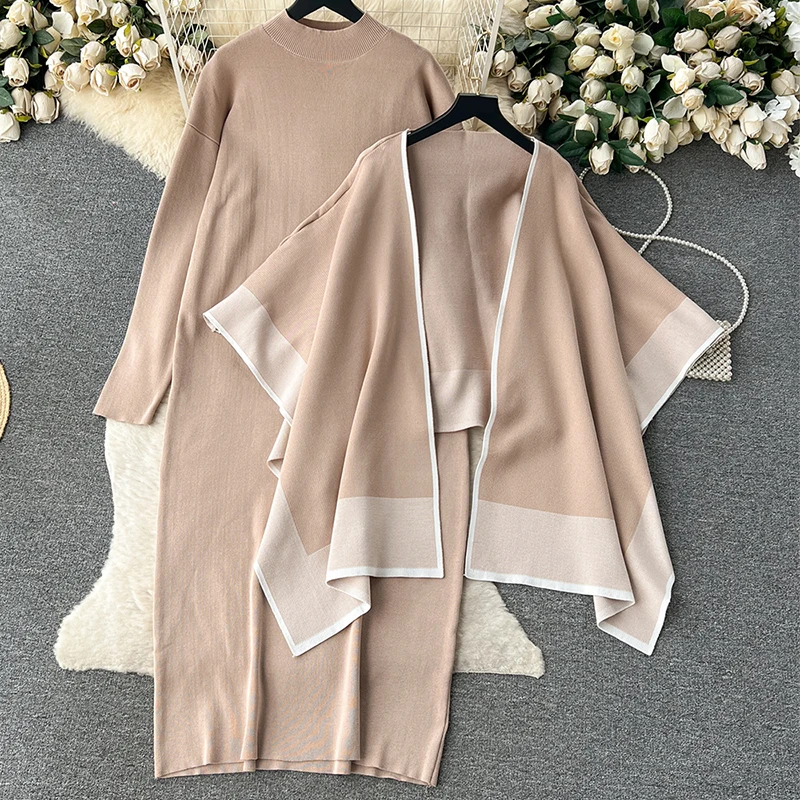 Women Fall Casual Set Contrast Color Shawl Coat+Solid Long Sleeved Mock Neck Knit Mid-Length Dress Elegant Loose Winter Outfit