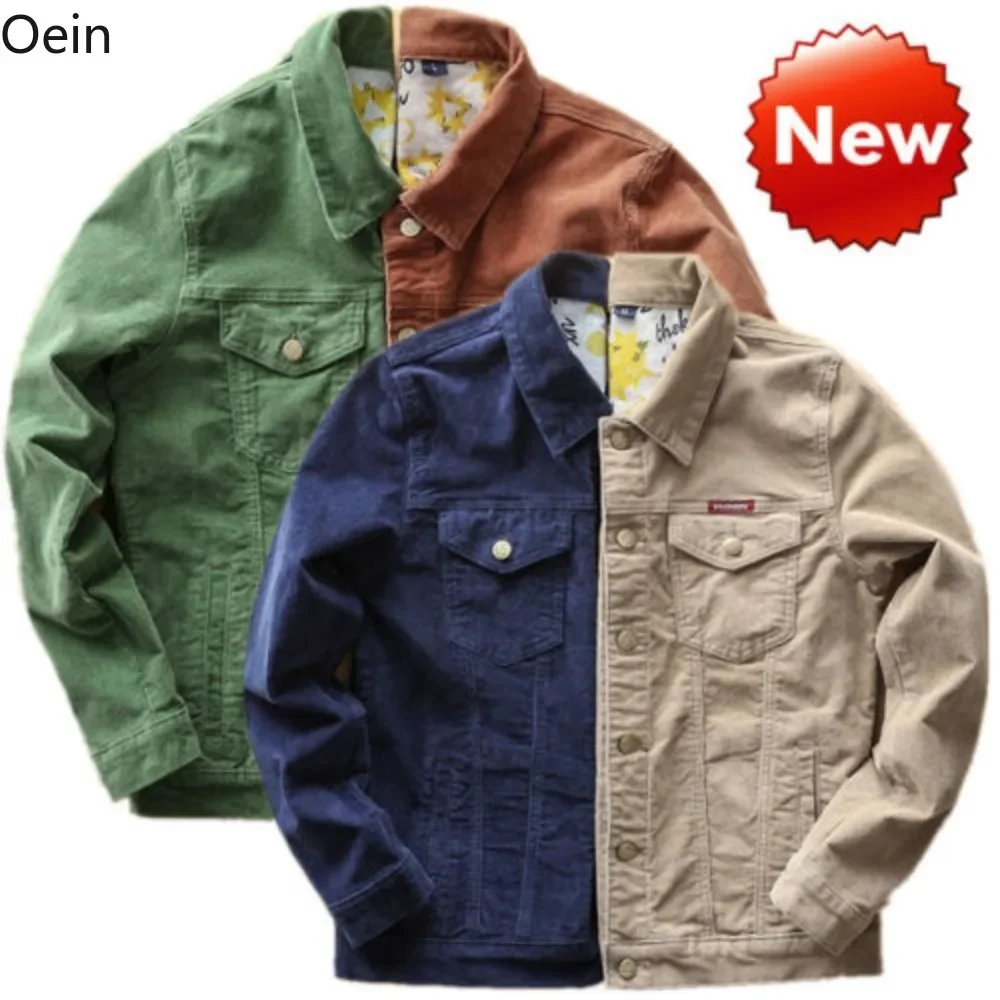 Men Corduroy Jacket Pockets Button Down Retro Western Trucker Coat Plain Outwear