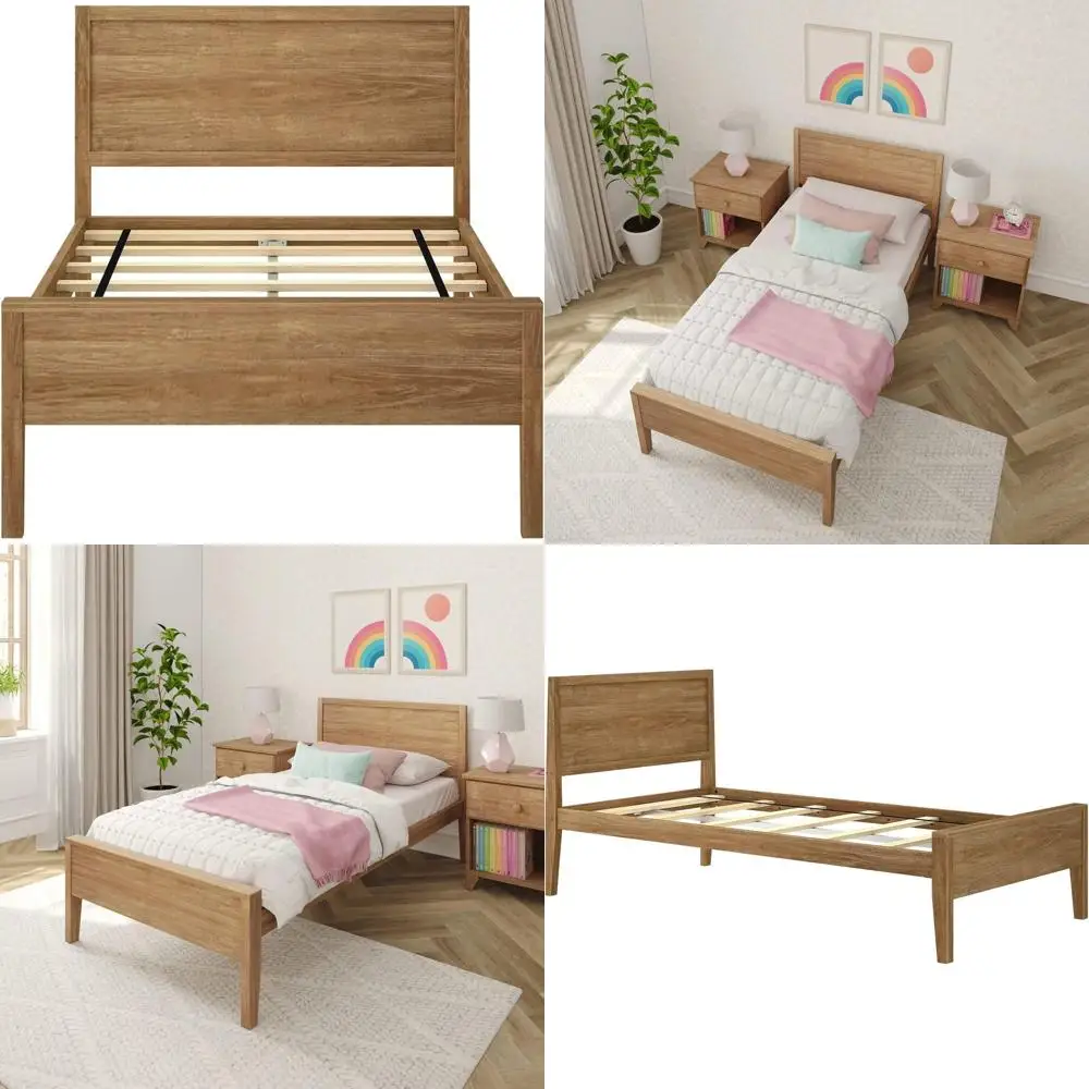 

Solid Wood Twin Bed with Panel Board, Kids-Friendly Design, Wood Slat Support, No Box Spring Needed, Pecan Finish