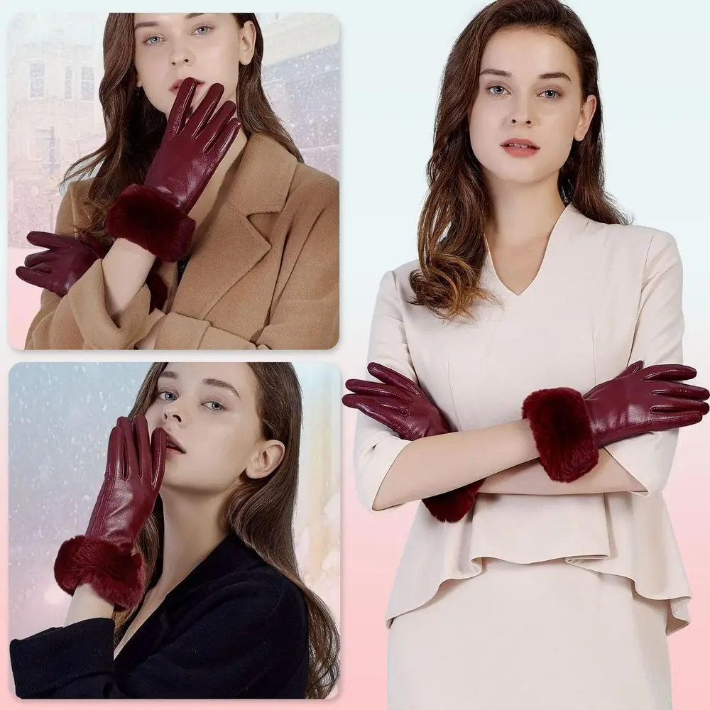 قفازات نسائية من جلد فرو الأرنب مع شاشة تعمل باللمس للقيادة الشتوية متعددة الألوان #5