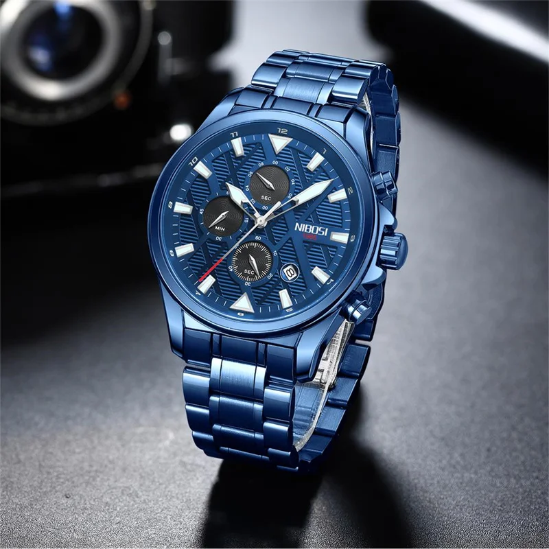 NIBOSI Mens Watches Top Brand Luxury Chronograph Quartz Watch Men Military Stainless Steel Sport Wristwatches Relogio Masculino