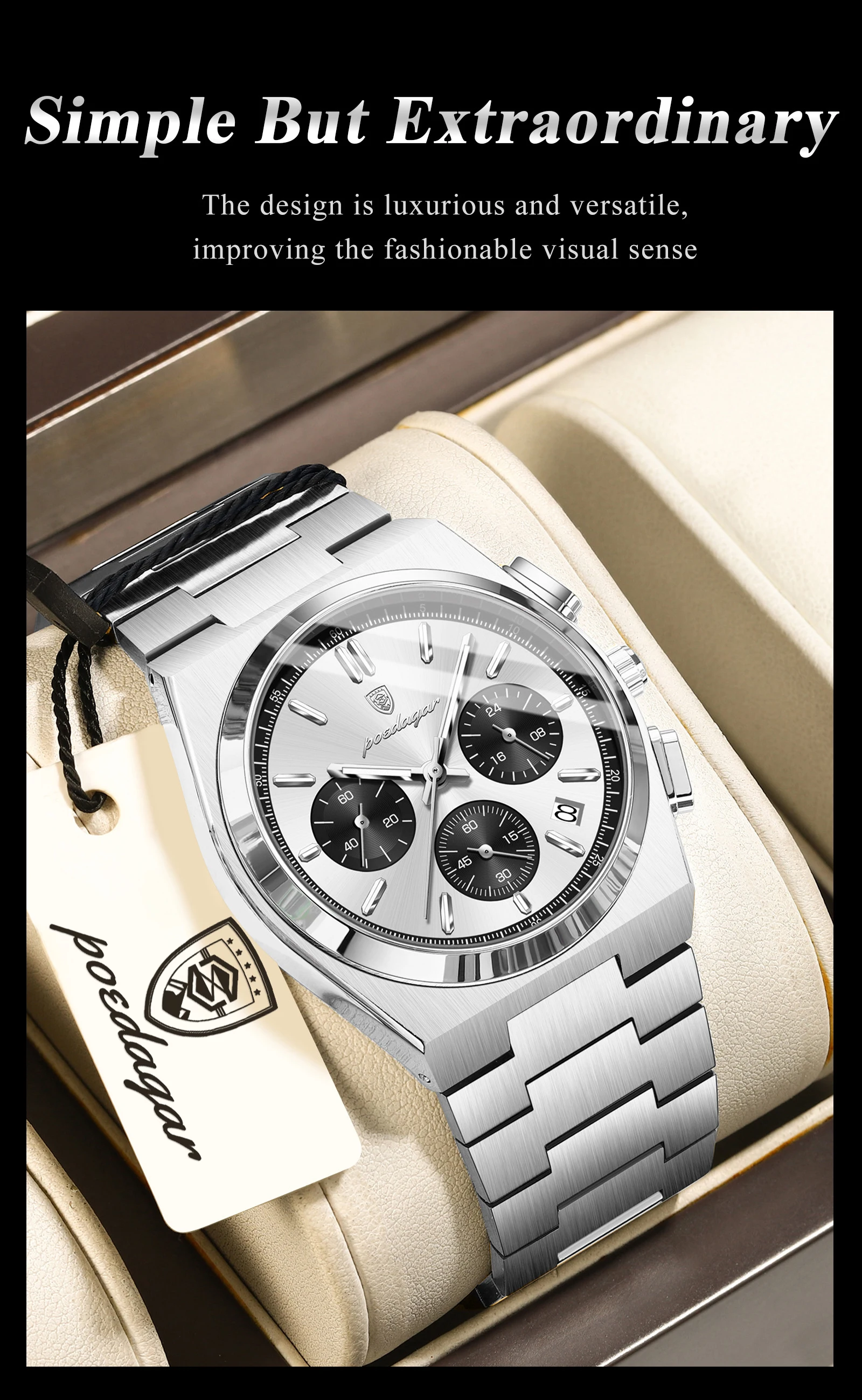 POEDAGAR Top Business Herrenuhr Chronograph Datum Edelstahl Klassische Männeruhr Wasserdicht Leuchtend Quarzuhren für Herren – Detail 17