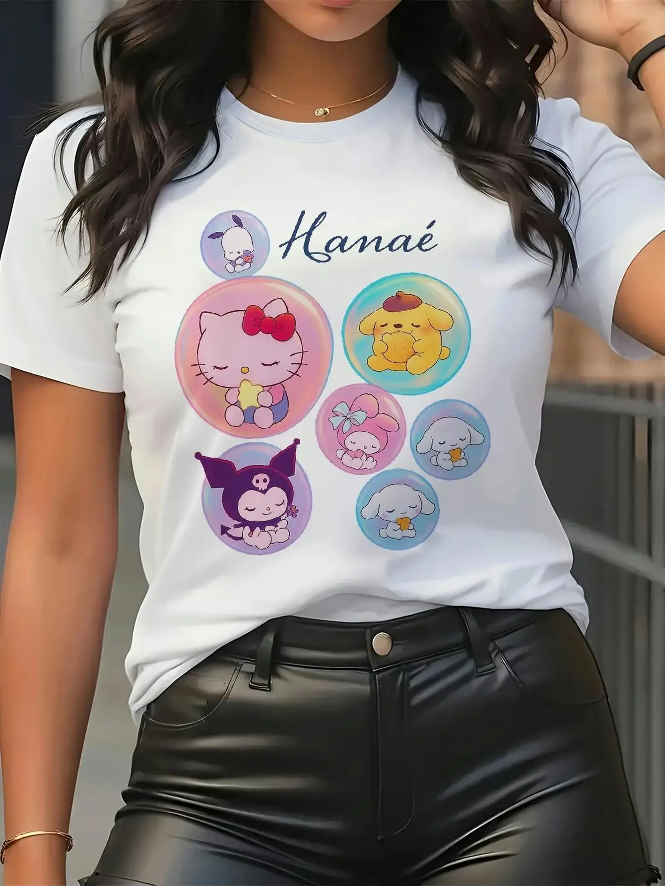 

Sanrio Hello Kitty and Melody Women's Large T-shirt - Cute Kawaii Character Print Soft Slim Fit Short Sleeved Round Neck