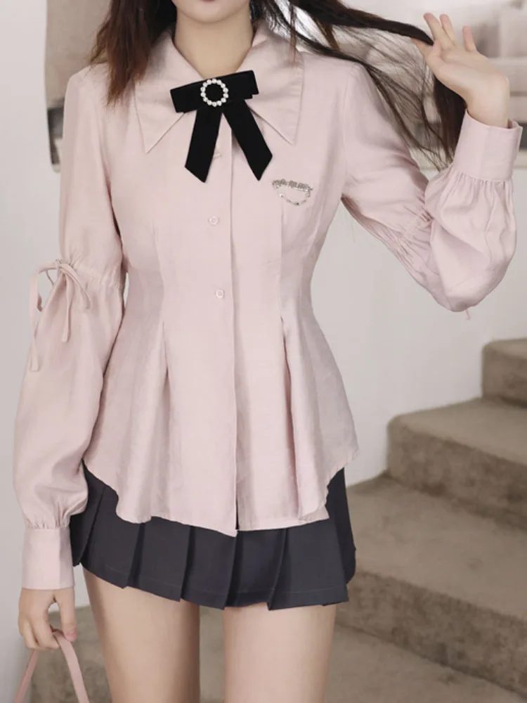 

2023 Autumn Women's Cute Tops Preppy Style Vintage Japaneses Korea Design Button Elegant Formal Shirts Pink Blouses