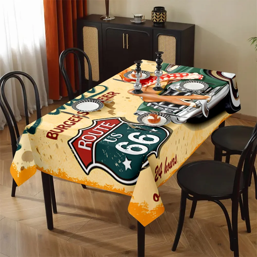Retro Route 66 tablecloth - American retro restaurant decoration featuring the motorcycle and hamburger logo