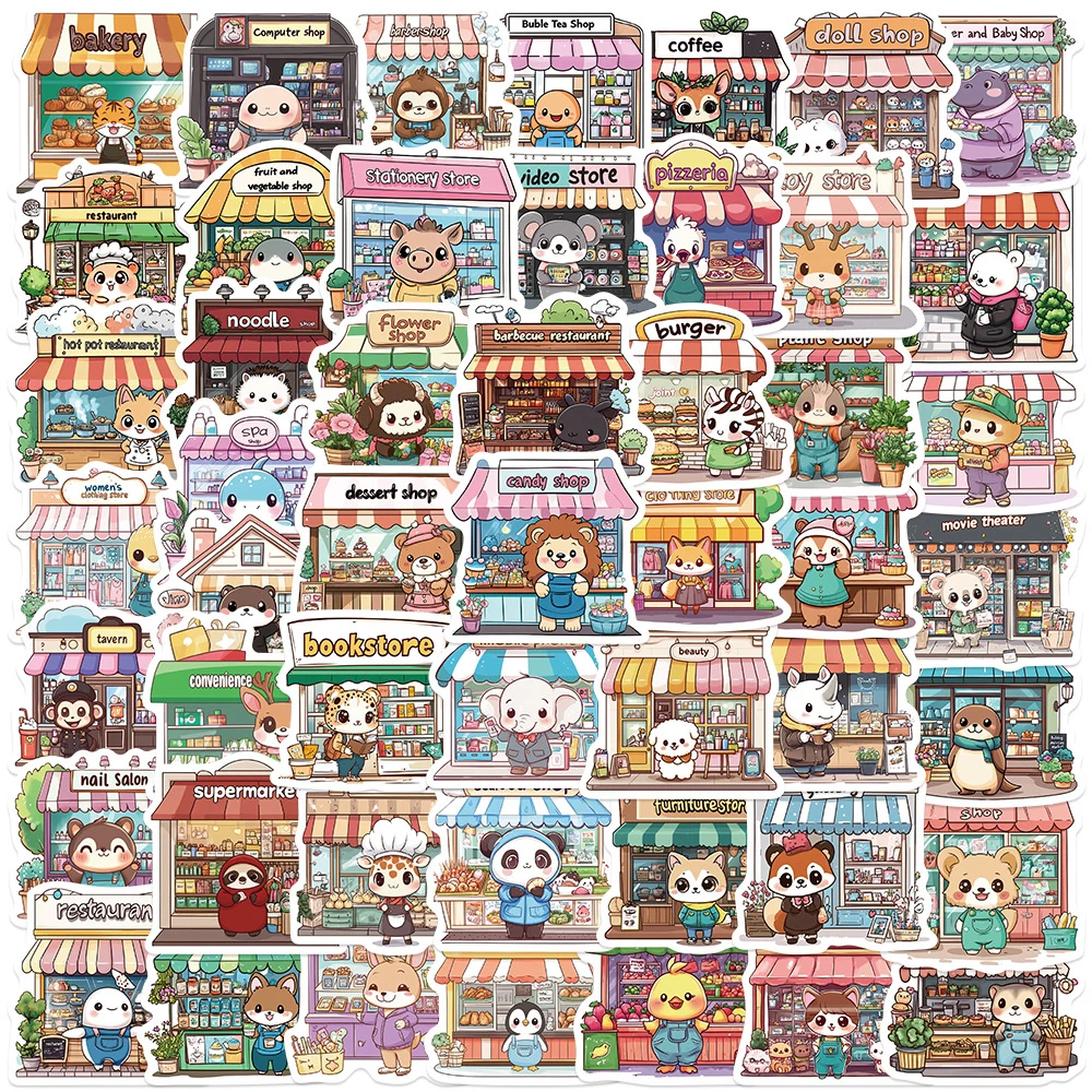 10/30/50pcs Cute Creative Animal Store Stickers Kawaii Cartoon Decals DIY Water Bottle Notebook Phone Graffiti Sticker Kids Toy
