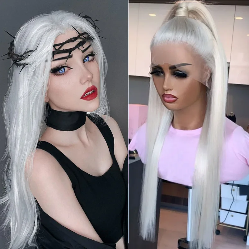 لينة قبل قطعها نقية سنو وايت 30 بوصة 180 الكثافة مستقيم الدانتيل شعر مستعار أمامي الاصطناعية مع شعر الطفل غلويليس ارتداء اليومي الباروكات #4