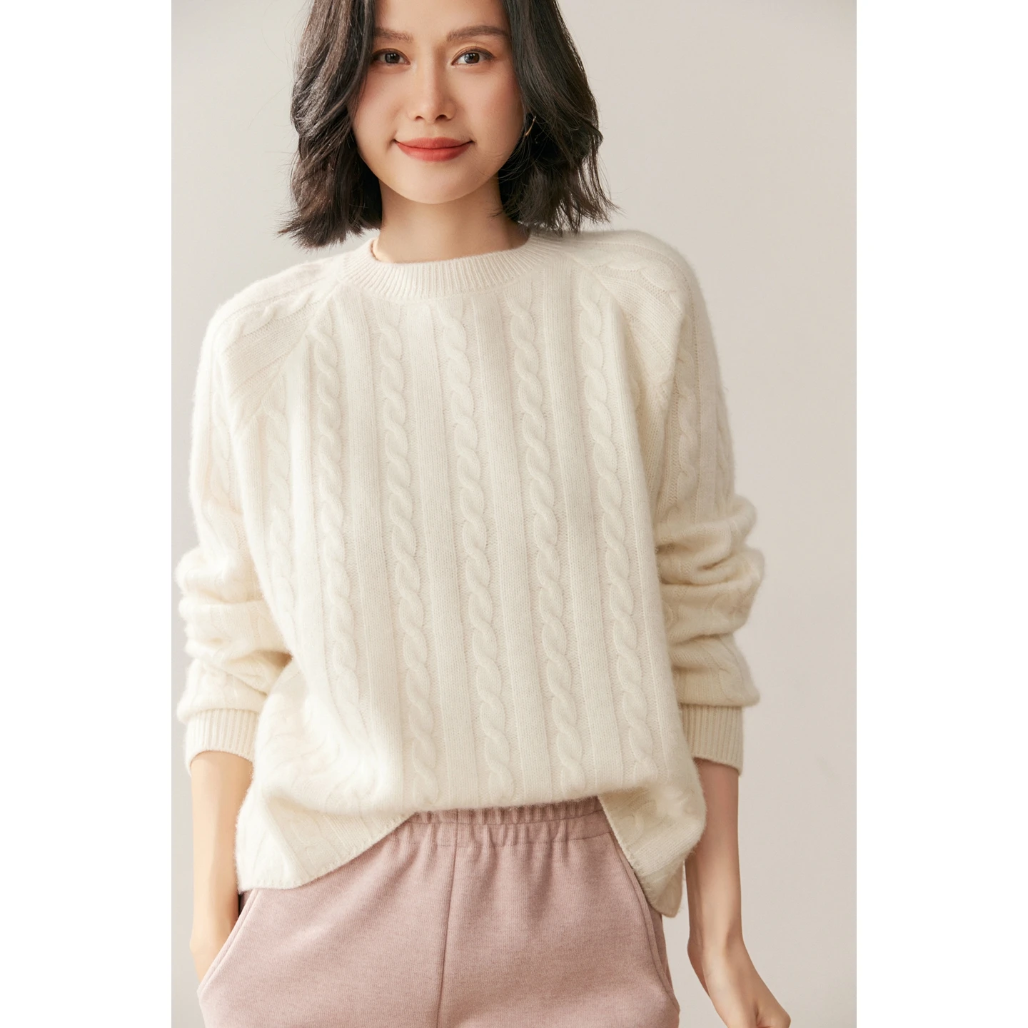 

New Chic Women 100% Goat Cashmere Sweater Cable Knitting Round Neck Long Sleeve Pullover Autumn Winter Thick Soft Clothing Tops