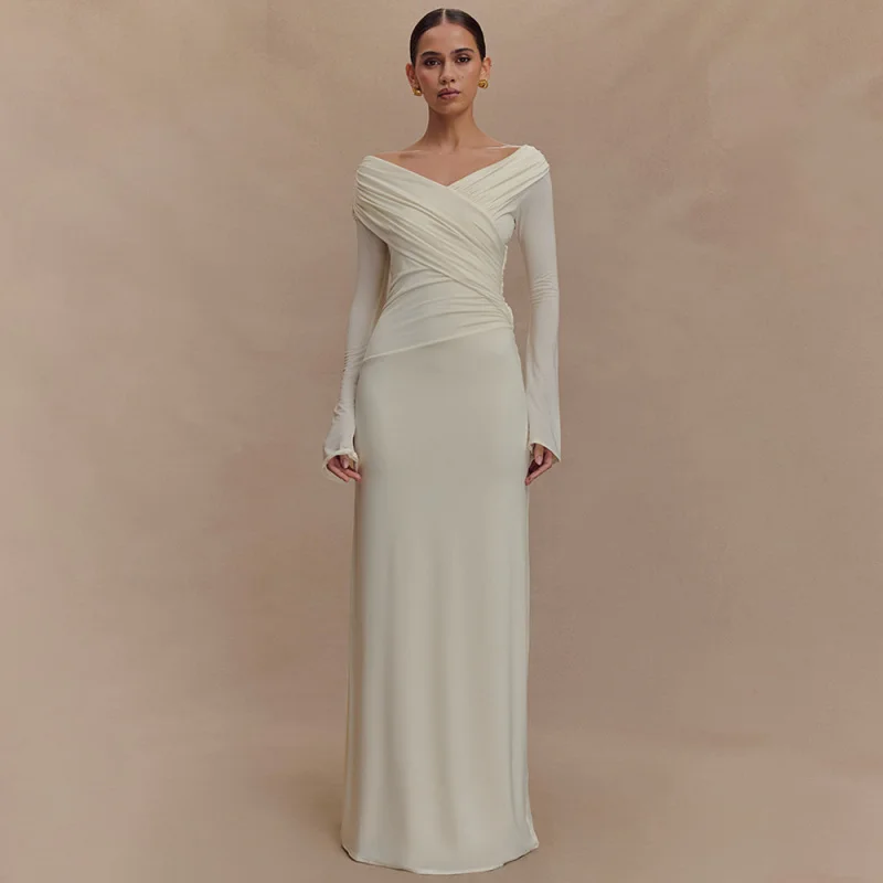 

Elegant Party Long Dresses 2025 Best Selling Female Clothing Long Sleeve Sexy V Neck Shrunk Pleat Wedding guest woman Dress