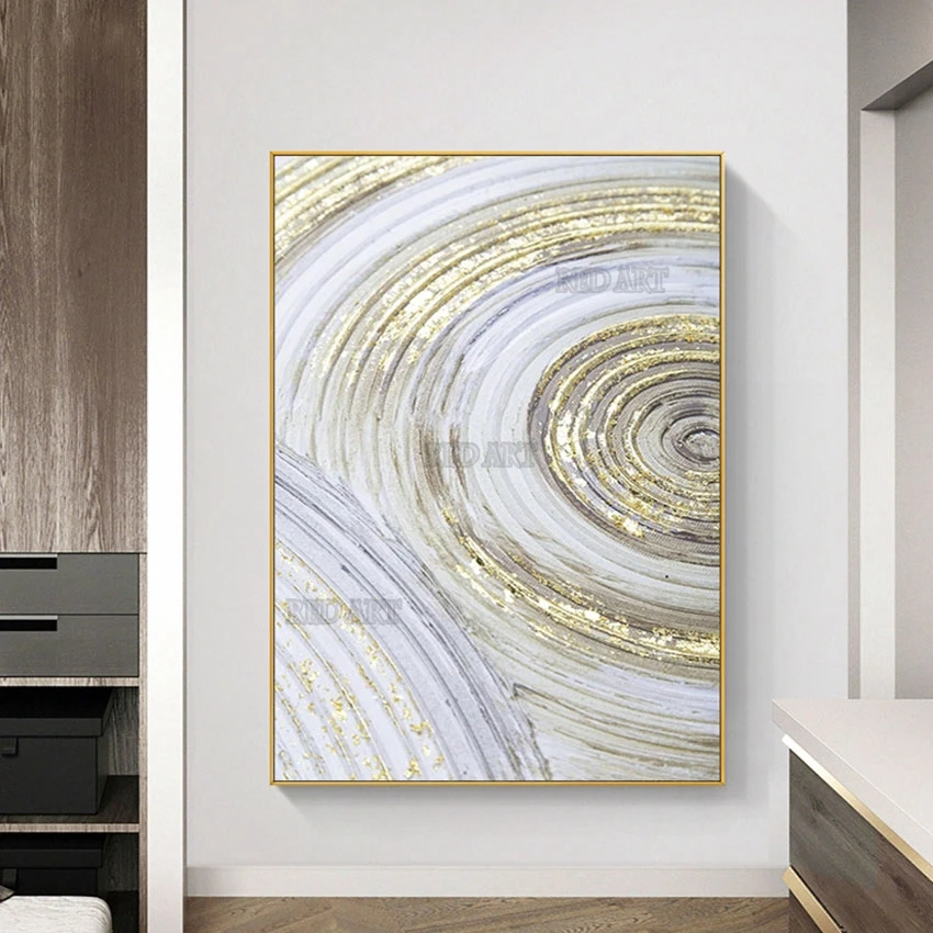 Gold Foil Lines Circle Canvas Oil Painting, Picture Wall Art, 100% Handmade Abstract Texture, Thick Acrylic Painting, Artwork