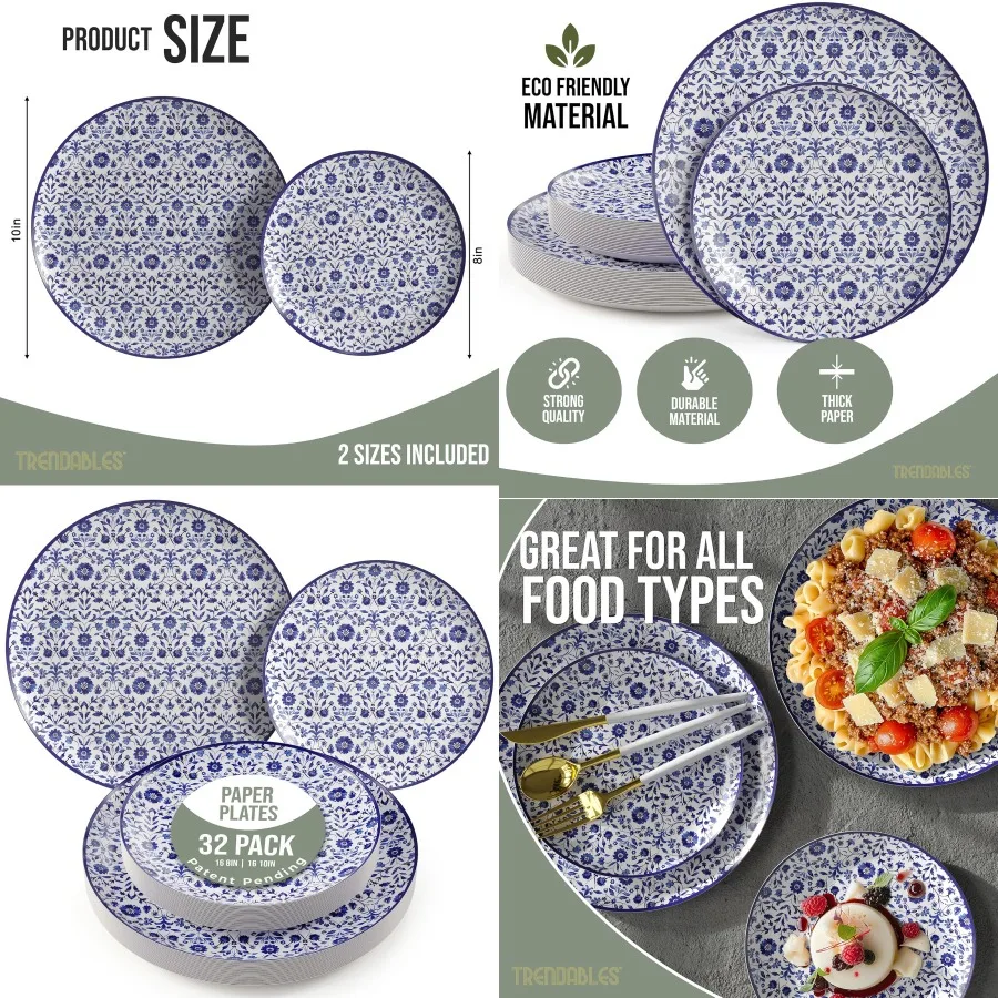 

Набор сверхпрочных бумажных тарелок для 16 гостей, 16 каждый из 8 и 10 дюймов, одноразовые тарелки для вечеринок, необычный набор посуды из 32 предметов