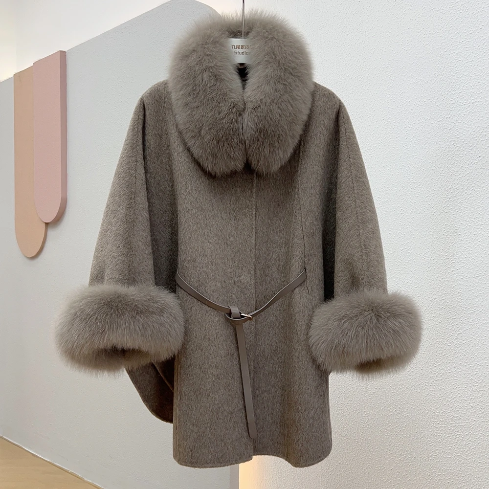 Winter Frauen echten Fuchs Pelzmantel 100% Wolle Umhang Kaschmir warme Jacke abnehmbaren Kragen Luxus dicken weiblichen Mantel