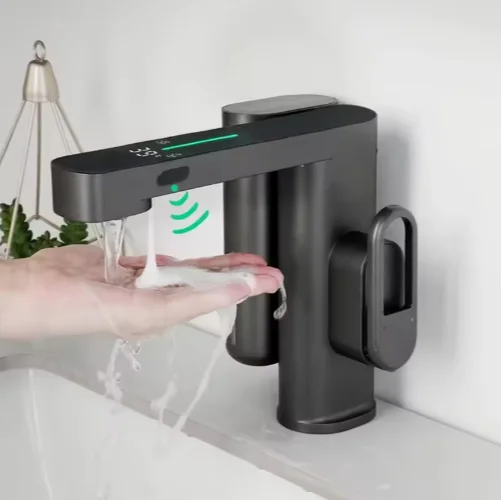2-in-1 LED Digital Smart Modern Single Basin Faucet Automatic Infrared Sensor Touchless Brass Liquid Soap Dispenser Bathroom