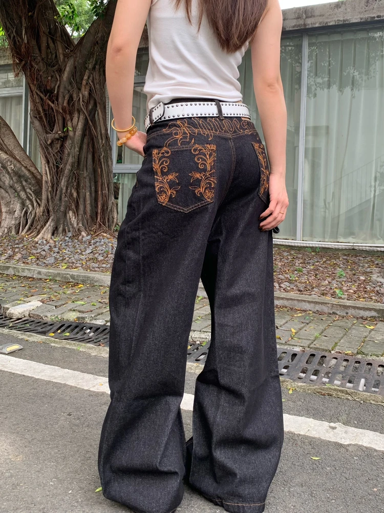 

Джинсы Waed в американском ретро-стиле с цветочной вышивкой, свободные прямые повседневные брюки из хлопкового денима для молодежи...
