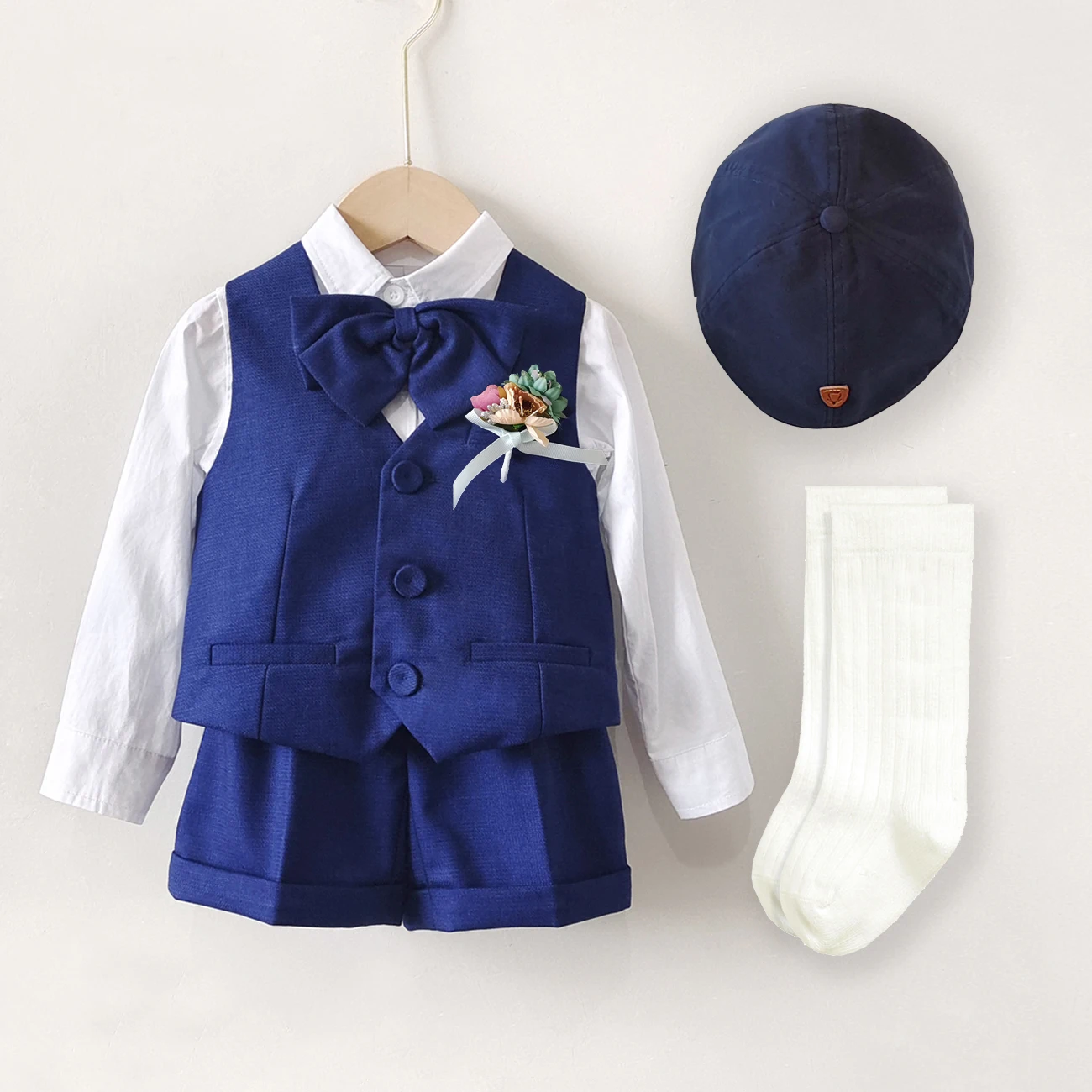 Boutique Boys Girls Clothes Set Formal Birthday Suit Kids Blue Vest Shirt Short Bowtie Wedding Dress Suit Costume