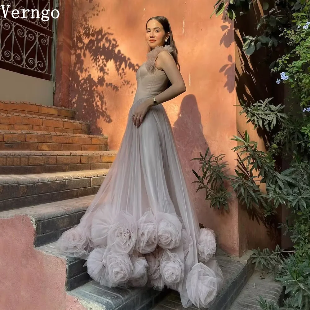 

Verngo Gray Tulle Evening Dress Spaghetti Strap A Line 3D Flower Prom Party Dress Elegant Arabic Formal Prom Gown Customized