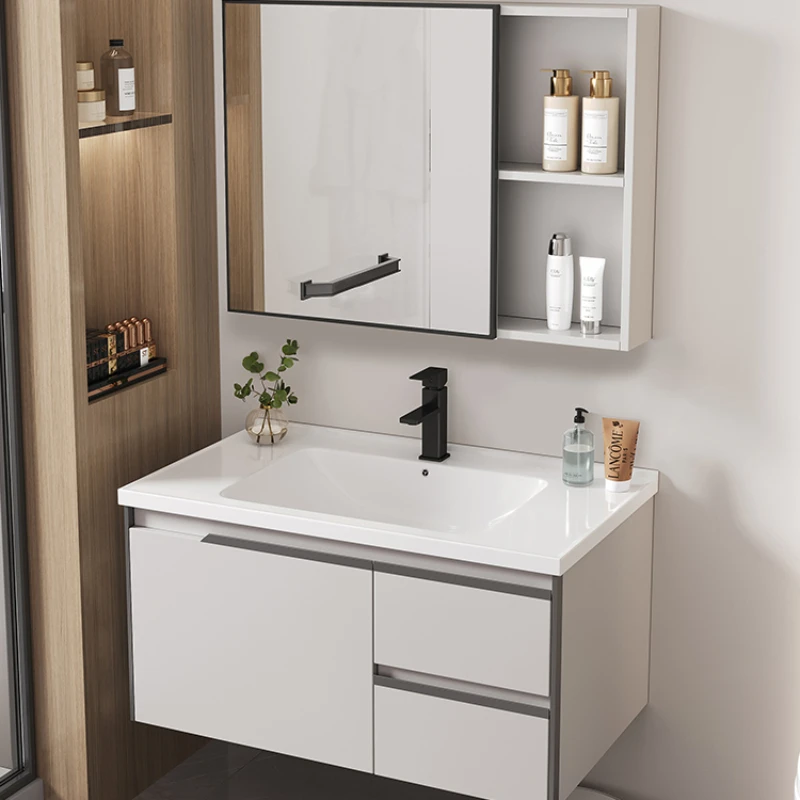 Minimalist Space Aluminum Bathroom Cabinet Hand Wash Sink Washbasin Cabinet Combination Integrated Ceramic Sink Furniture YX50BC