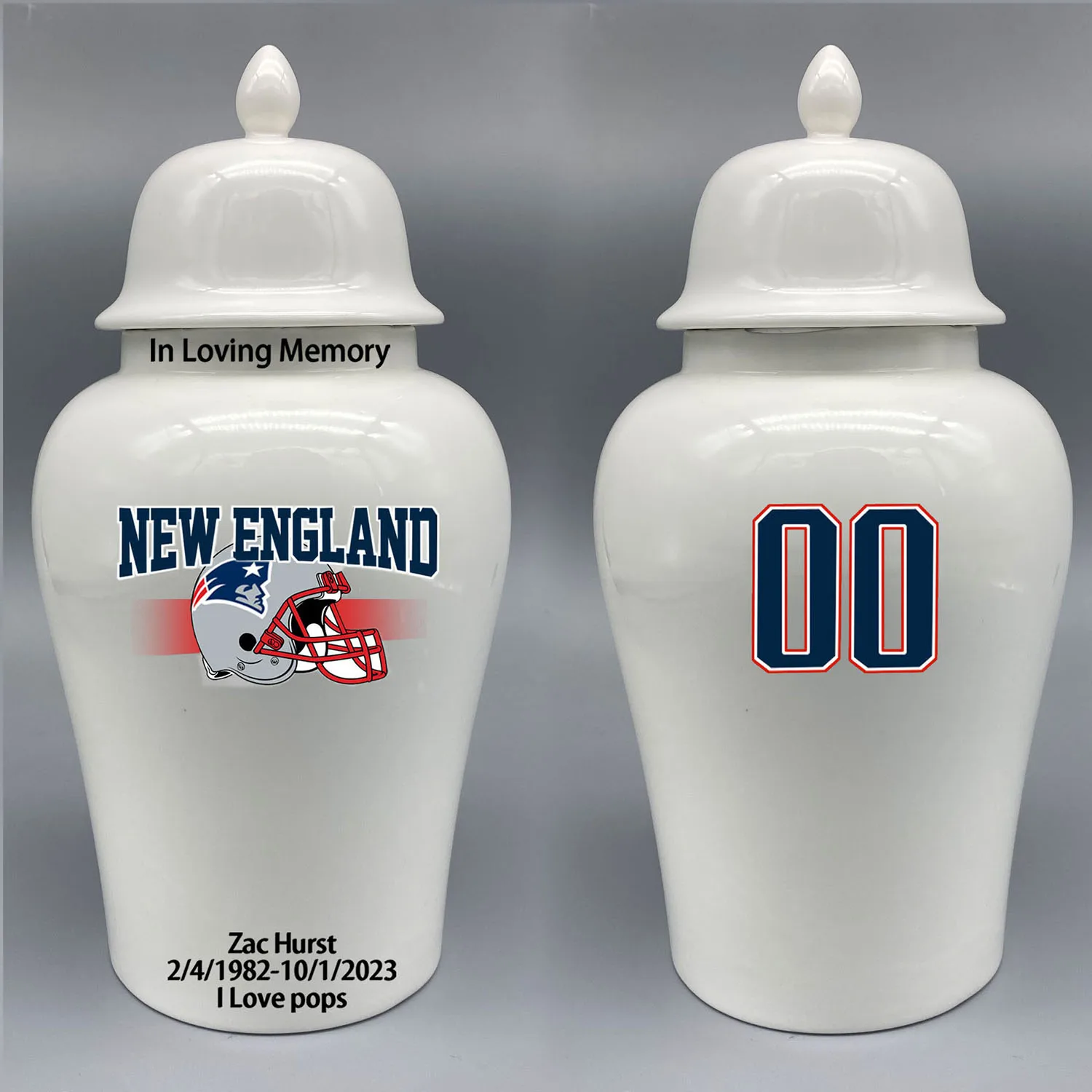 

Large Urn for New England Patriots-themed Logo Urn.Please send me the customize information-name/date and number on the urn