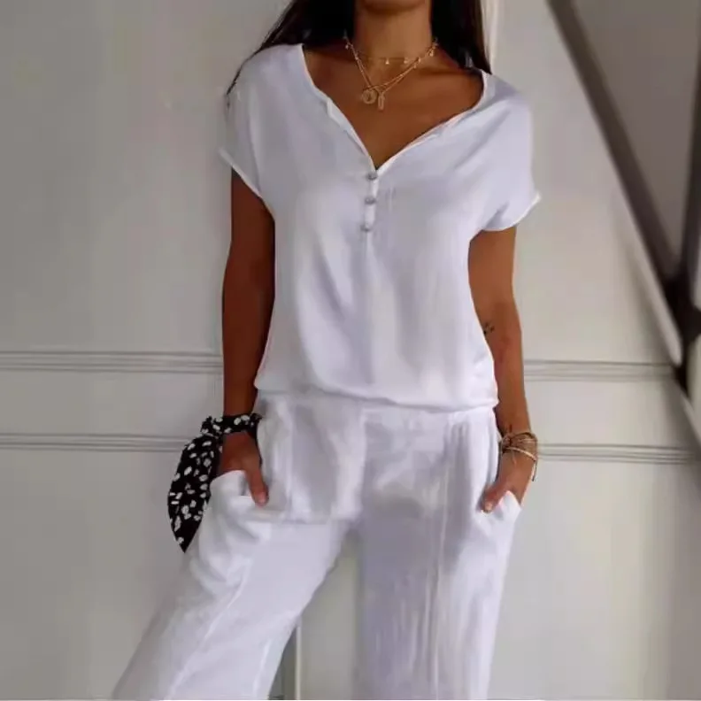 여성 반팔 티셔츠 탑 패션 캐주얼 솔리드 V 넥 풀오버 버튼 티셔츠 여성용 여름 새 여성 의류