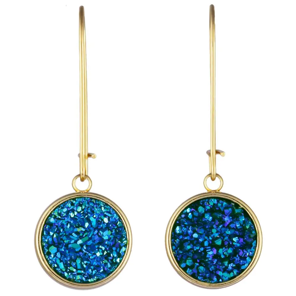 TUMBEELLUWA Women's Natural Titanium Aura Quartz Crystal Kidney Wire Dangle Gold Color Hook Earrings