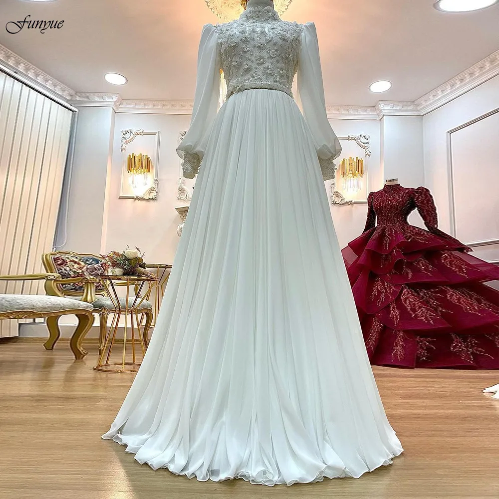 Funyue High Neck Luxury Muslim Wedding Dress Long Sleeve Arabic Dubai Bridal Gown Islamic Hijab Beads Flowers Vestidos De Novia