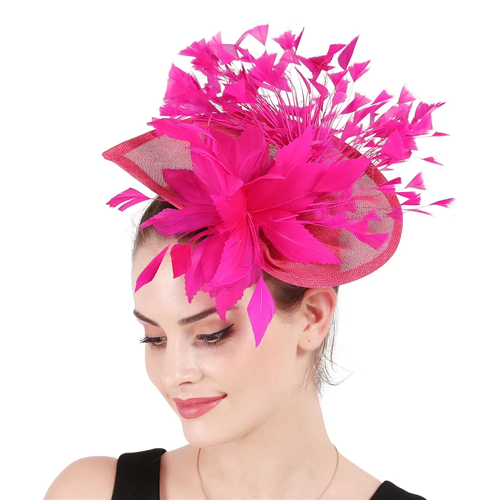 Sombrero fascinador elegante para mujer, accesorios nupciales para el cabello, plumas elegantes, Rosa caliente, hermoso