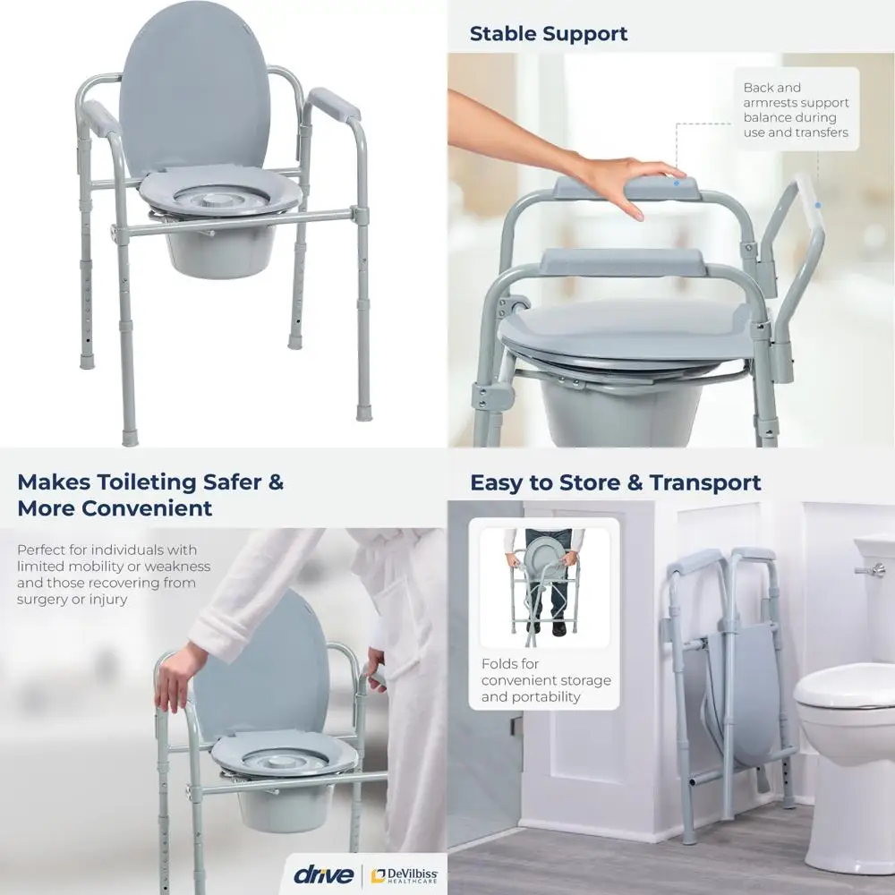 

Drive Medical RTL11158KDR Складной стальной прикроватный стул-комод, портативный туалет, грузоподъемность 350 фунтов с 7,5 квартами. Ведро, G