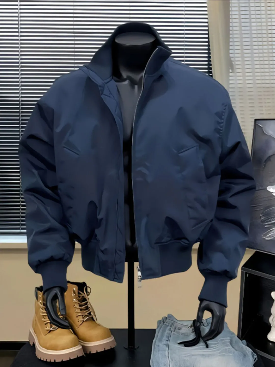 Cleanfit Short American Style Baseball Jacket Men's Workwear Windbreaker Stand Collar Draping Dark Blue Autumn Outerwear