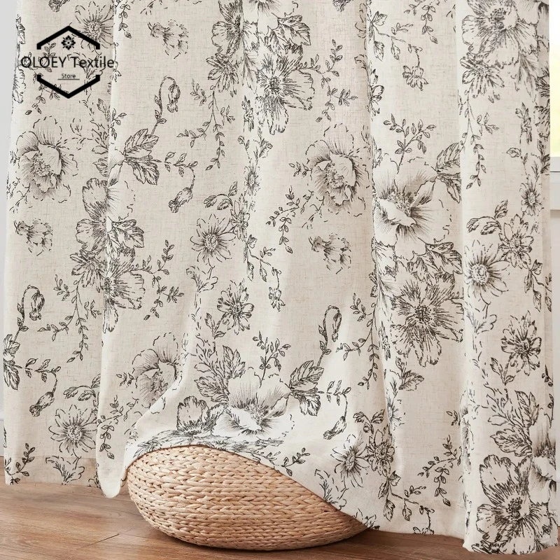 

Cotton Linen Curtains Floral Curtains for Living Room Rod Pocket Farmhouse Peony Flower Patterned Drapes Bedroom Window Curtain