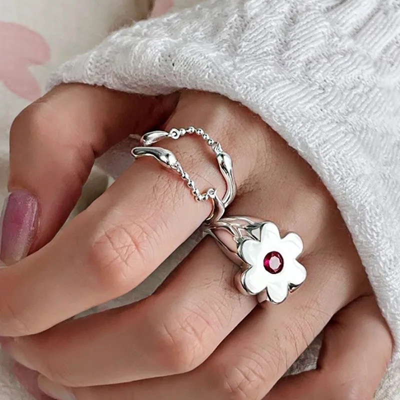 Foxanry Minimalist Flower Rings for Women Couples Korean Cute Fashion Creative Chain Tassel Geometric Handmade Party Jewelry