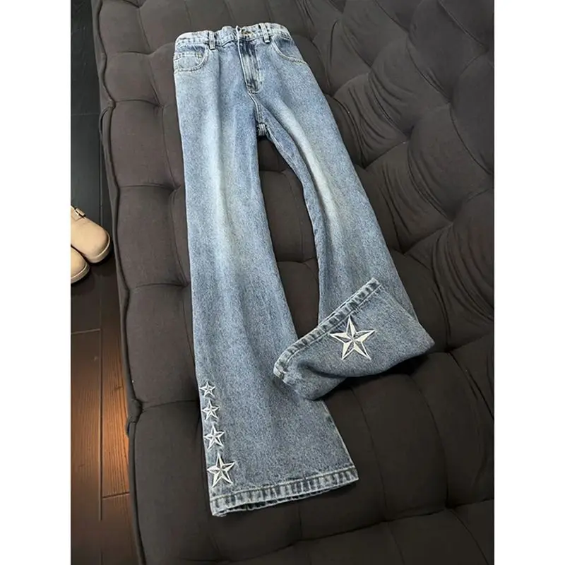 Men's Five Pointed Star Embroidered Pattern Micro Flared Jeans Spring Street Boy Trousers Male Personality High Waist Jeans