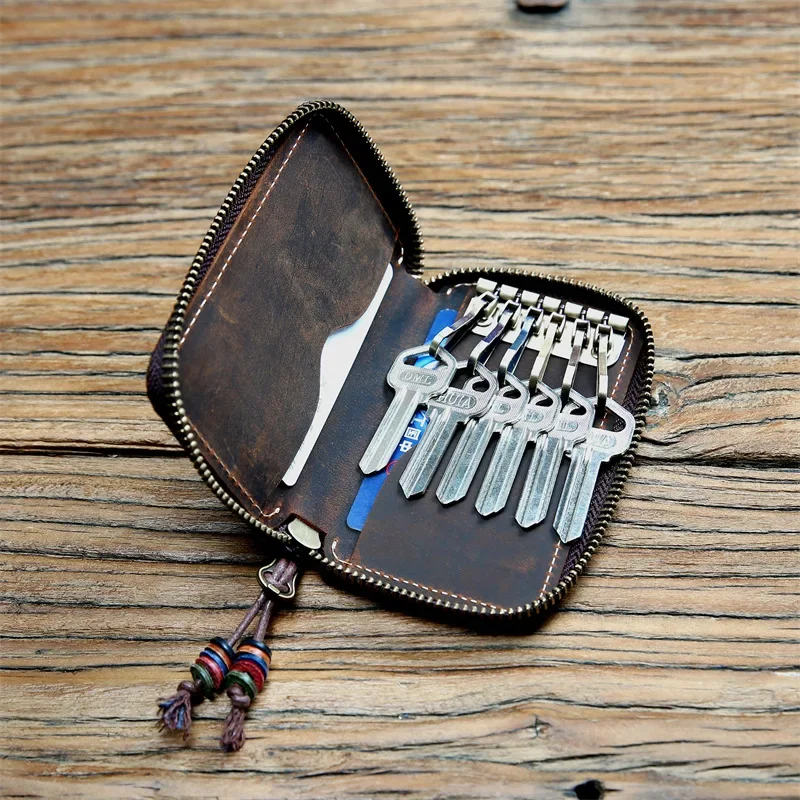New Genuine LeatherMen Women Key Holder Organizer Keychain Pouch Multipurpose Car Key Wallet Housekeeper Key Case Mini Card Bag
