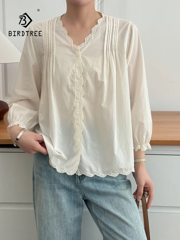 

New 2026 Summer Women Cotton 3/4 Sleeve Shirt, V Neck Folds Patchwork, Mori Girl Sweet Preppy Style INS Loose Blouse T65588CC