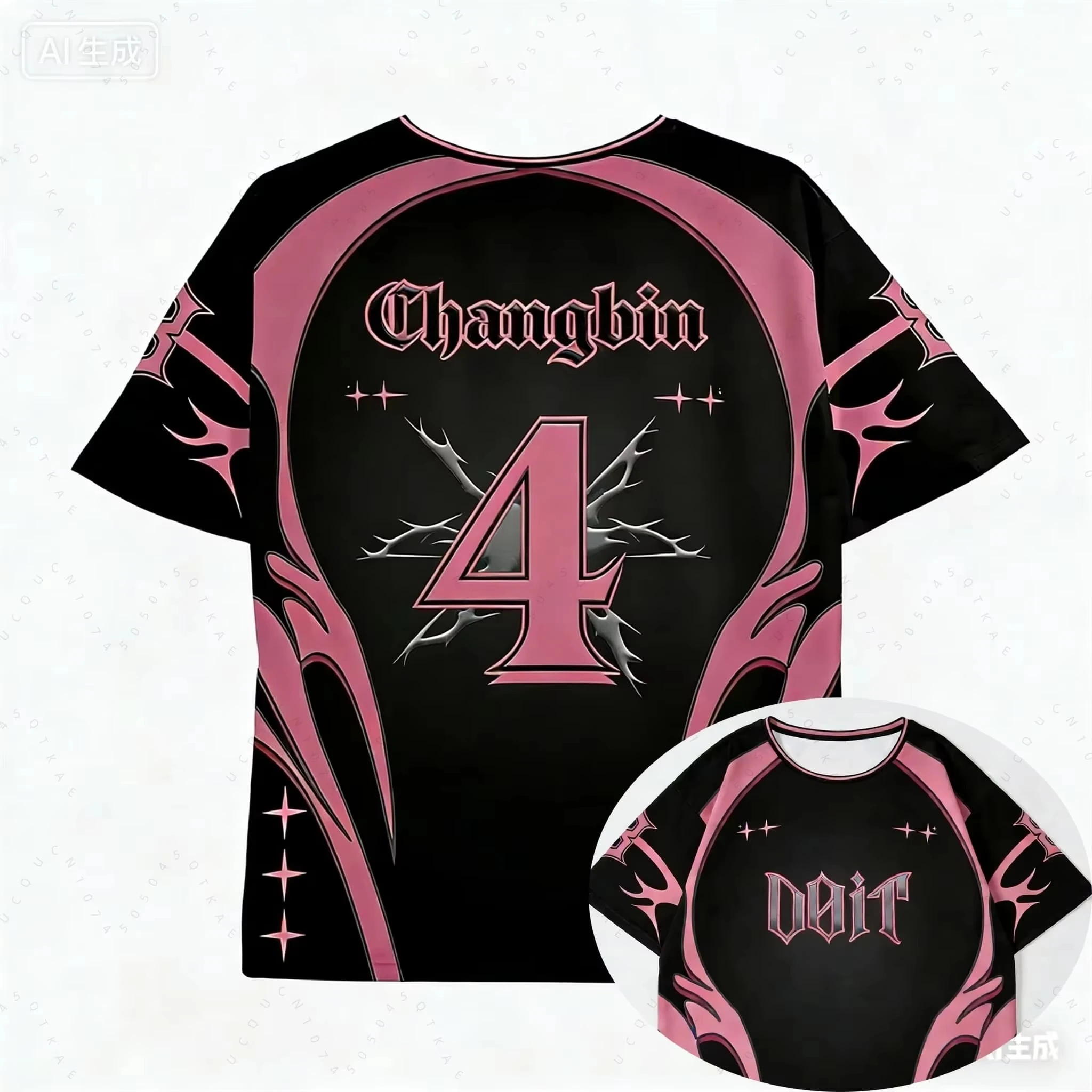 Familien-Matching-Changbin-Sporttrikot, schwarz-rosa Gothic-Dornenstern-Print, kurzärmeliges Mesh-Top für Erwachsene und Kinder, Kpop-Streetwear – Detail 7