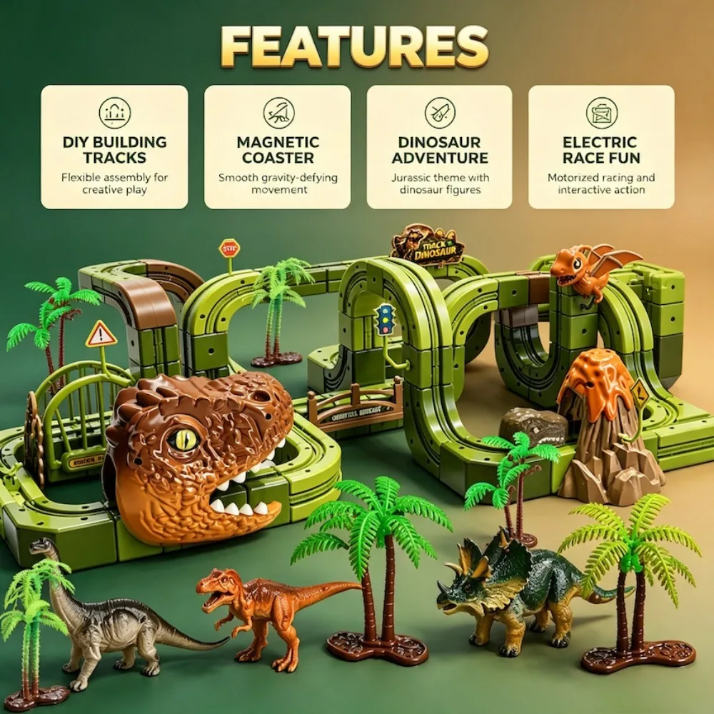 3D Magic Electric Dinosaur Track Car Anti Gravity Roller Coaster DIY Magnetic Blocks Construction Racing Game Toy Christmas Gift