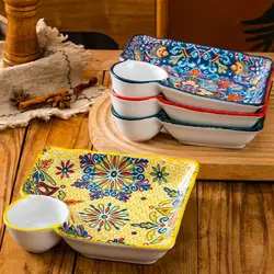 7.5Inch Bohemian Ceramic Plate Sushi Dish Set Sauce Dishes Decorative Dinner Plates Serving Trays for Dumplings Breakfast Fruits