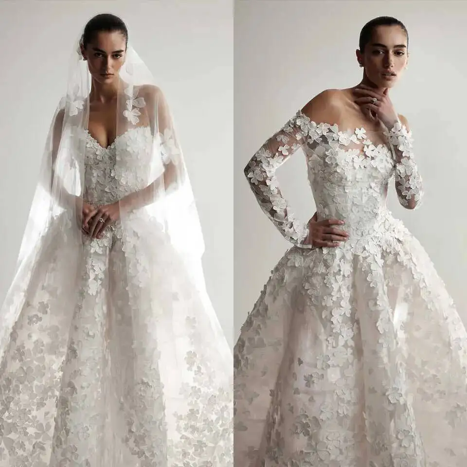 

Dresses Strapless Long Sleeve 3D Appliques Lace A Line Sweep Train Wedding Bride Gown Vestidos De Novia Customized